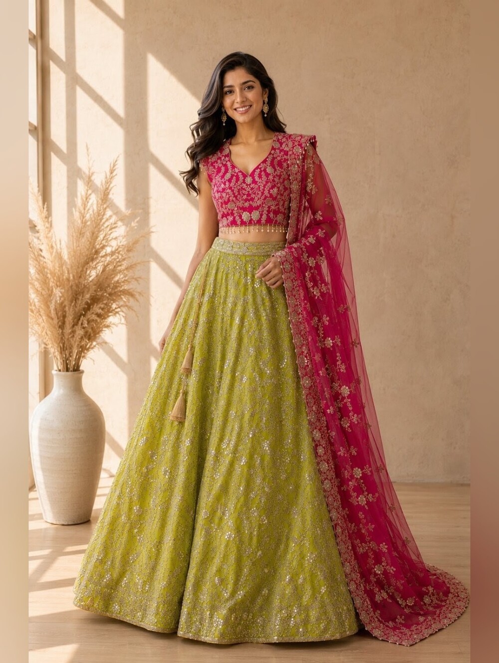 Georgette Sequin Work Green/Wine Lehenga Choli - Size 6